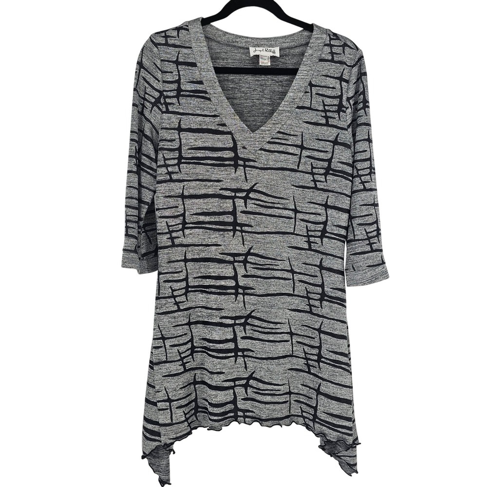 Joseph Ribkoff V-Neck Boho Tunic Top 14‎ Gray Abstract Lettuce Sharkbite Hem
